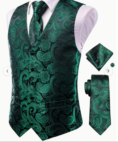 Zelená vesta L se vzorem k obleku s doplňky